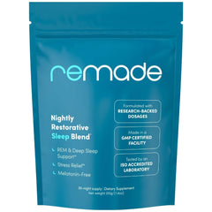 Remade natural sleep aid bottle on bedside table supports a calm nightly routine.