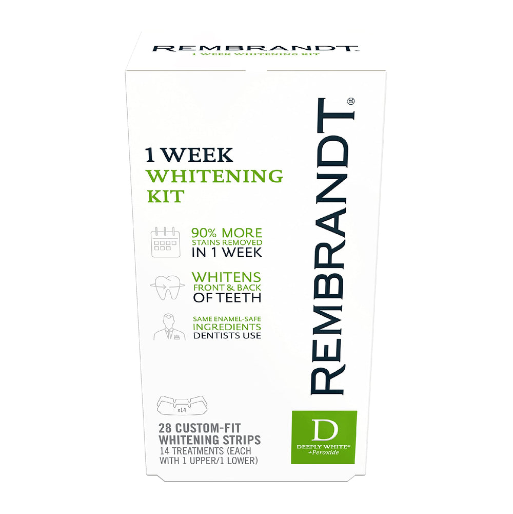 Rembrandt Deeply White 1Week Kit box promotes easy at-home whitening with enamel-safe formula.
