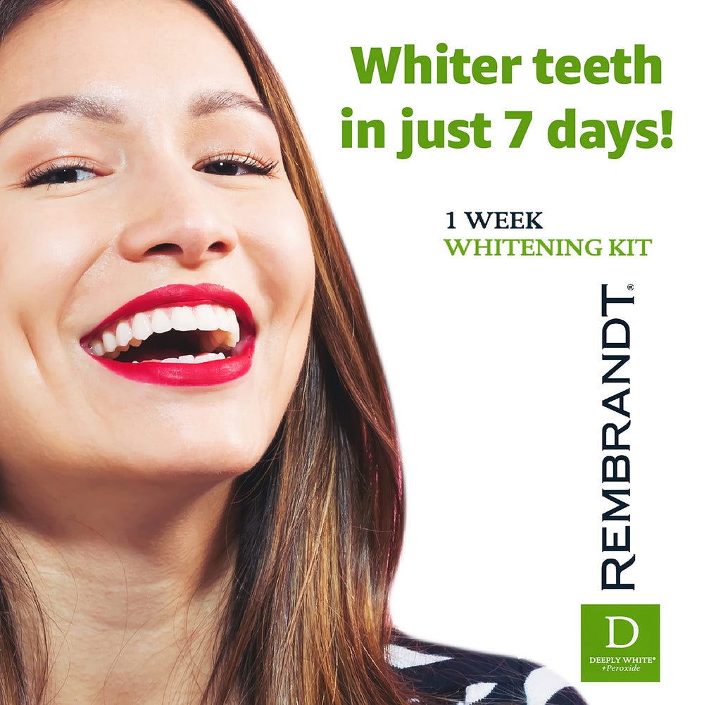 Rembrandt upper and lower strips in use on teeth for full-coverage whitening.