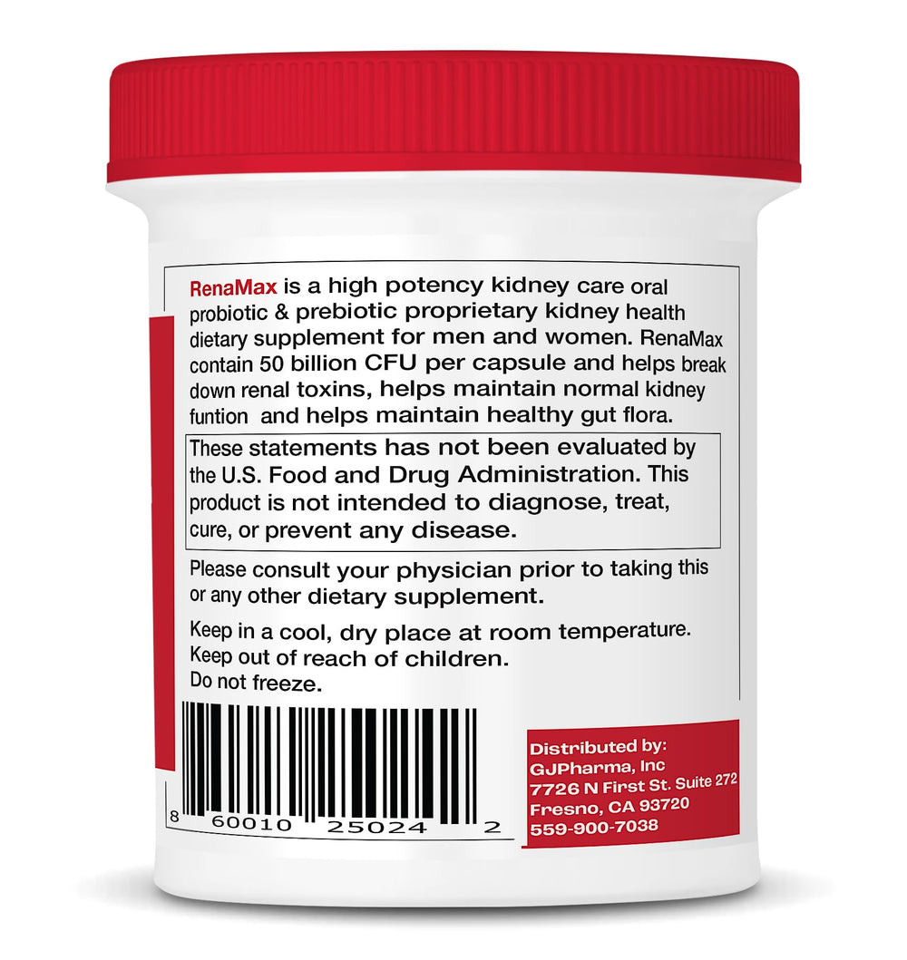 RENAMAX label close-up shows four probiotic strains for gut-kidney synergy.