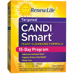 Renew Life CandiSmart bottle showing the 15-day program for yeast balance