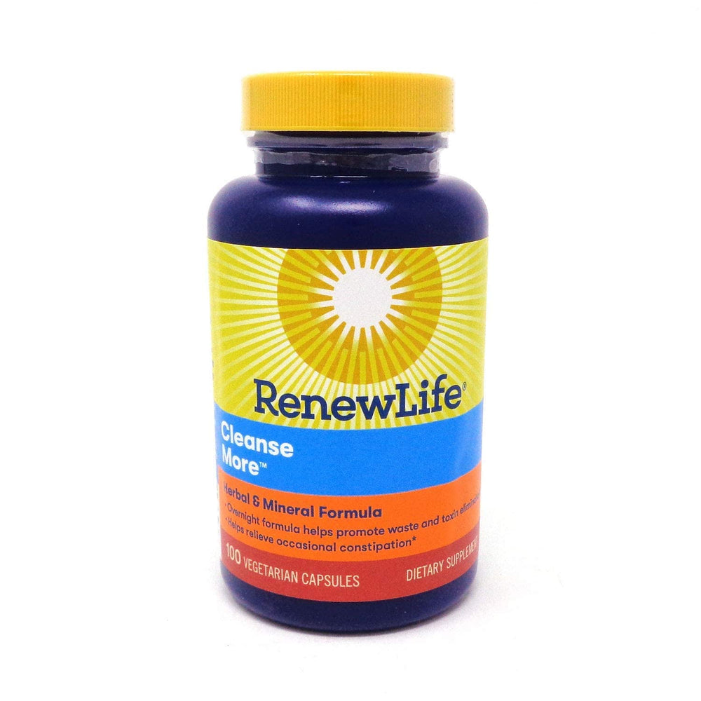 Renew Life Cleanse More bottle with herbal mineral formula for gentle overnight support