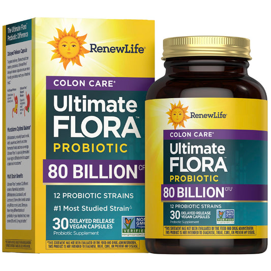 Renew Life Colon Care bottle front showing daily gut support and 80 billion CFU.