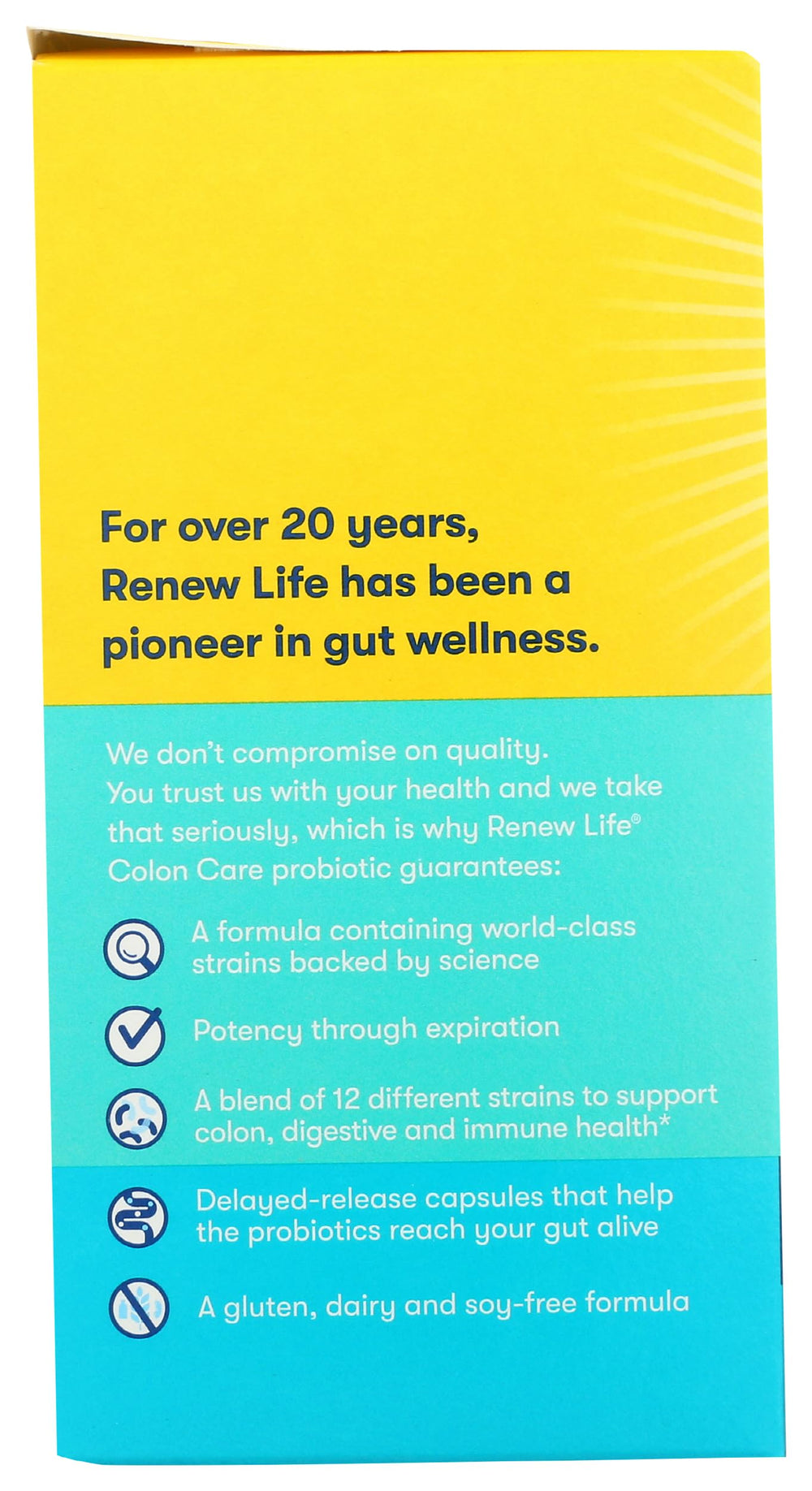 Shelf-stable Renew Life Colon Care packaging for convenient storage.