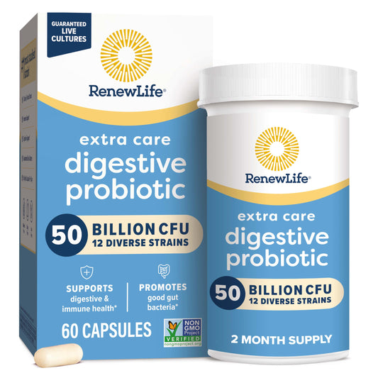 Renew Life Extra Care Digestive Probiotic bottle showing 60 capsules for daily support