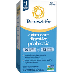 Renew Life Extra Care Digestive Probiotic box with foil seal preserves freshness.