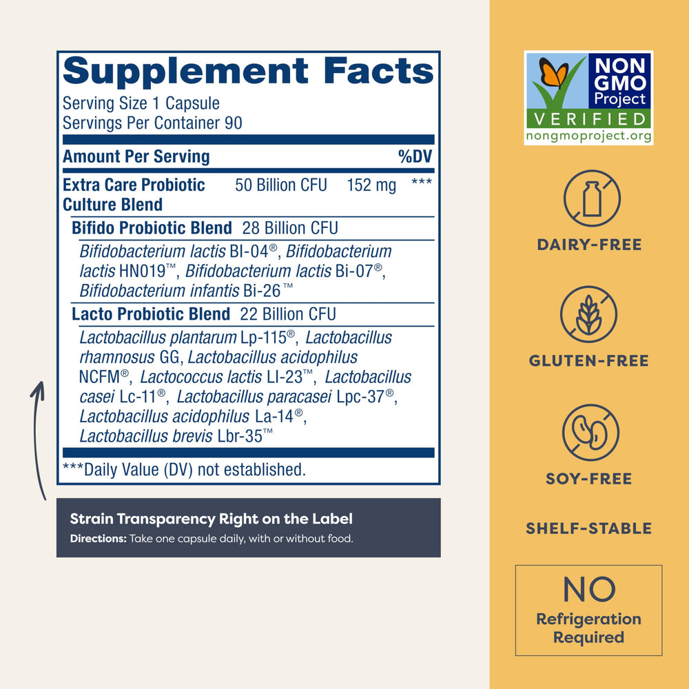 Renew Life Extra Care Digestive Probiotic capsules close-up for easy daily use.