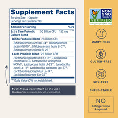 Renew Life Extra Care Digestive Probiotic capsules close-up for easy daily use.