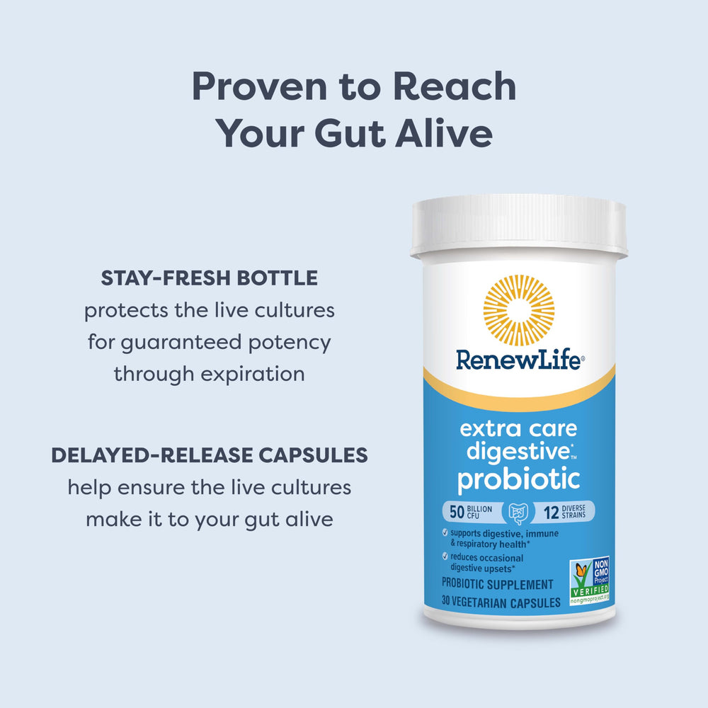 Renew Life Extra Care Digestive Probiotic label details 12 diverse strains.