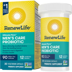 Renew Life Men’s Care probiotic bottle highlights 90 Billion CFU for digestive support.