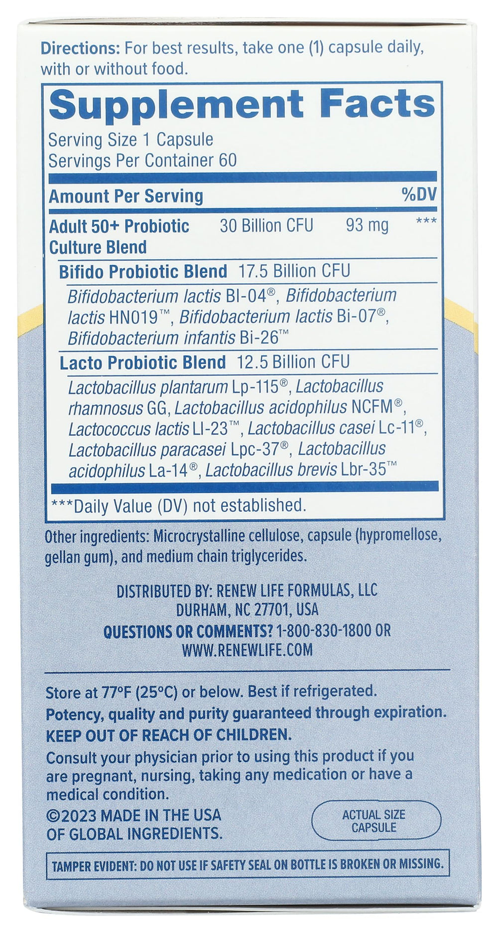 Renew Life Probiotic 30B UF glass of water beside bottle for easy intake