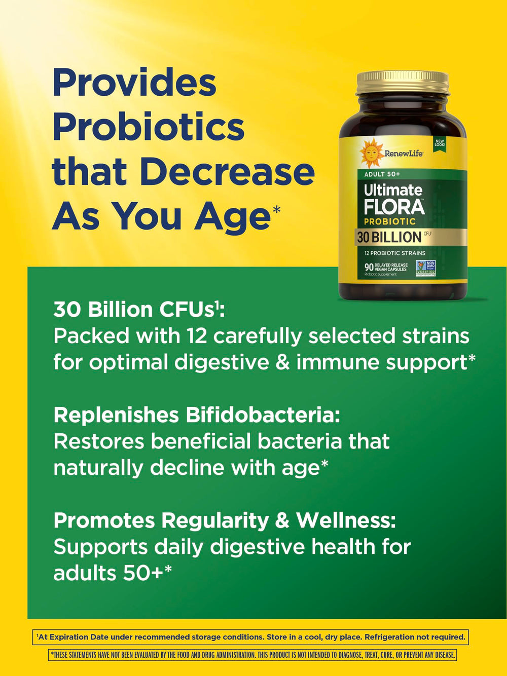 Back of bottle information for Renew Life Probiotic Adult 50 Plus emphasizing potency