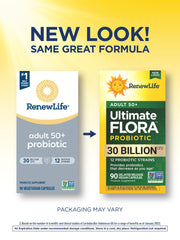 Renew Life Probiotic Adult 50 Plus bottle label closeup with 30B CFU and 12 strains