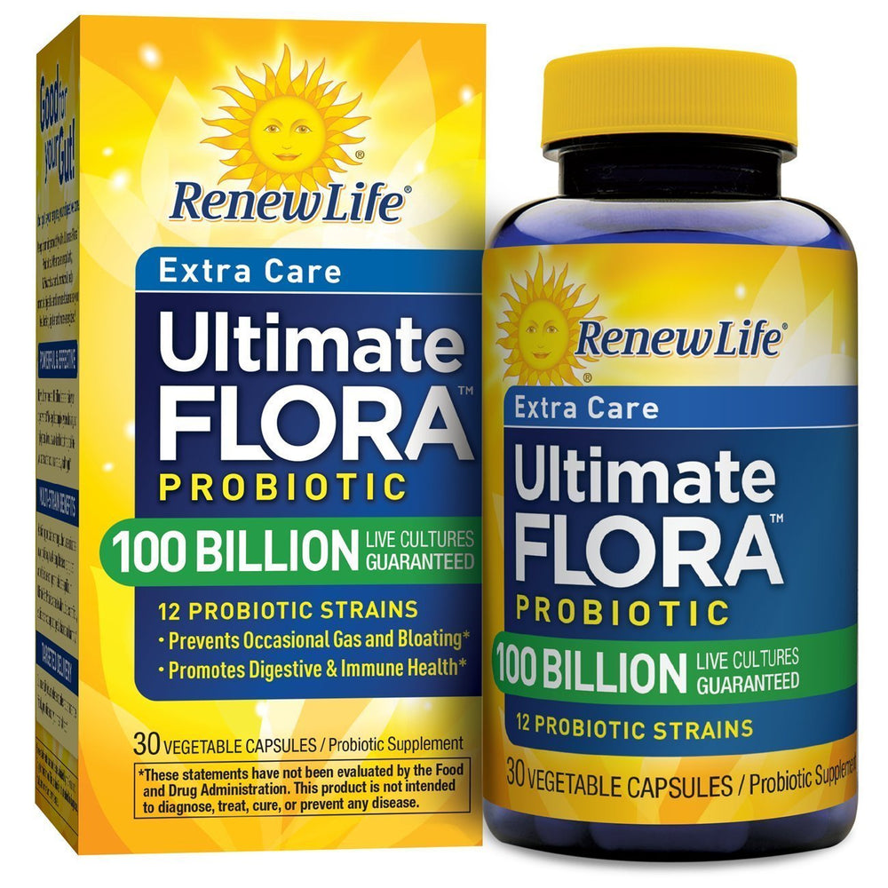 Renew Life Ultimate Care Probiotic Capsules bottle with 100B CFU for daily digestive and immune support.