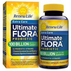 Renew Life Ultimate Care Probiotic Capsules bottle with 100B CFU for daily digestive and immune support.