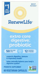 Renew Life Ultimate Flora bottle close-up highlighting the probiotic formula for digestive support.