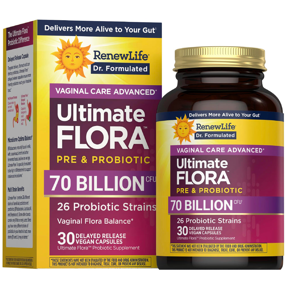 Renew Life Ultimate Flora Women bottle front with vegan capsules for daily support.