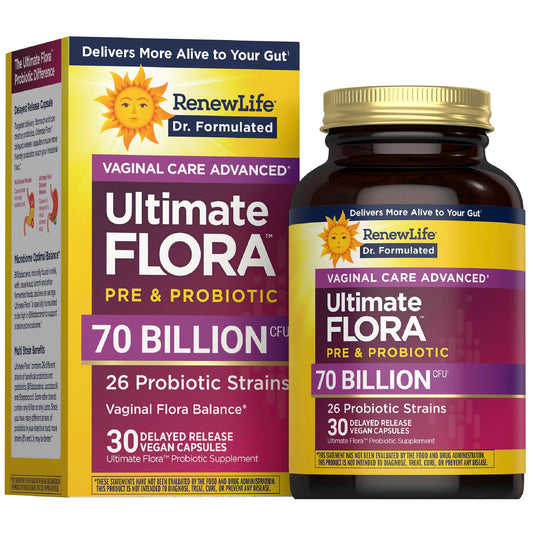 Renew Life Ultimate Flora Women bottle front with vegan capsules for daily support.