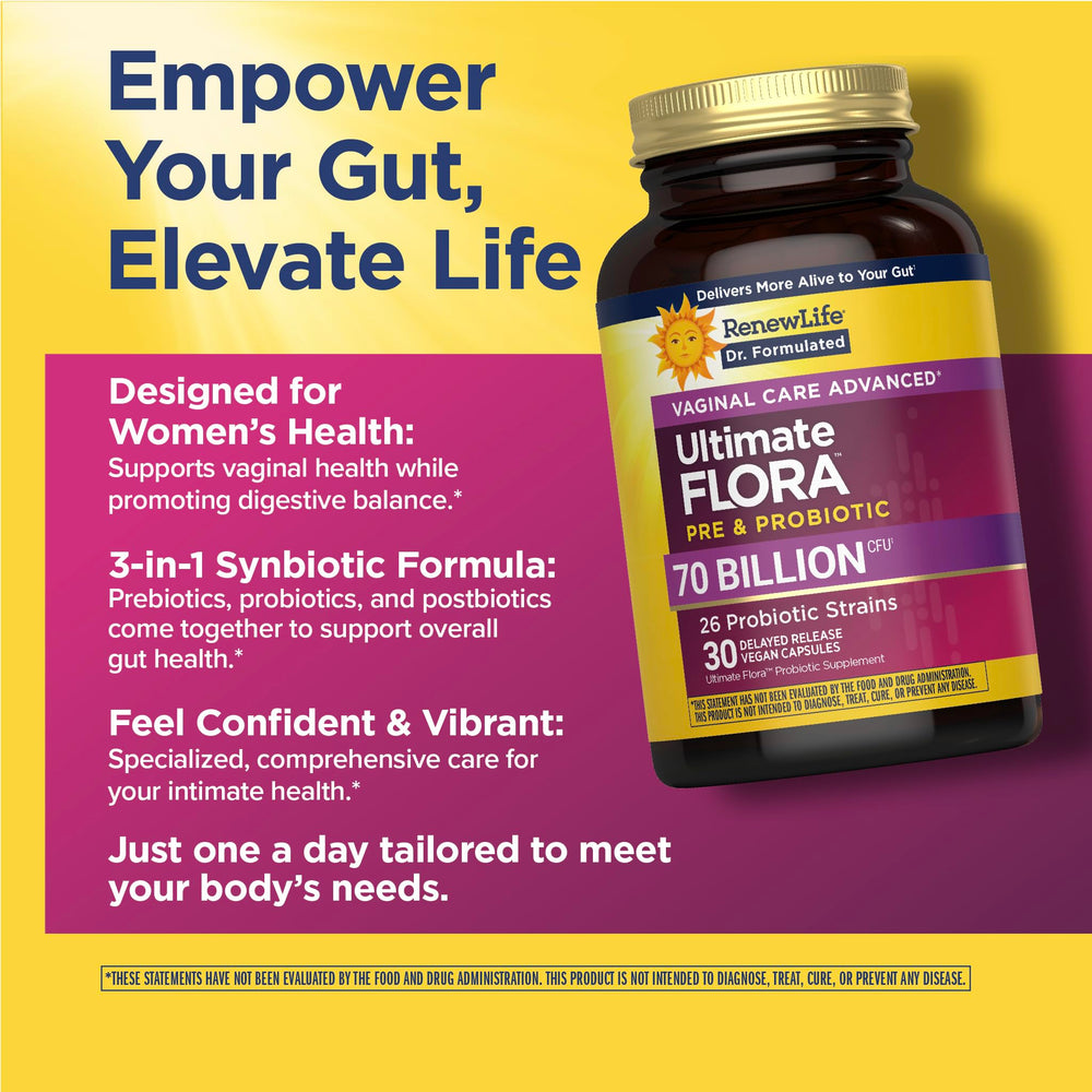 Renew Life Ultimate Flora Women ingredient list highlights Lactobacillus strains for vaginal health.