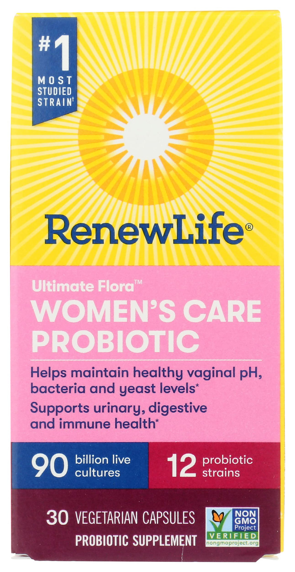 Renew Life Ultimate Flora Women's Care bottle supports vaginal balance and digestive comfort.