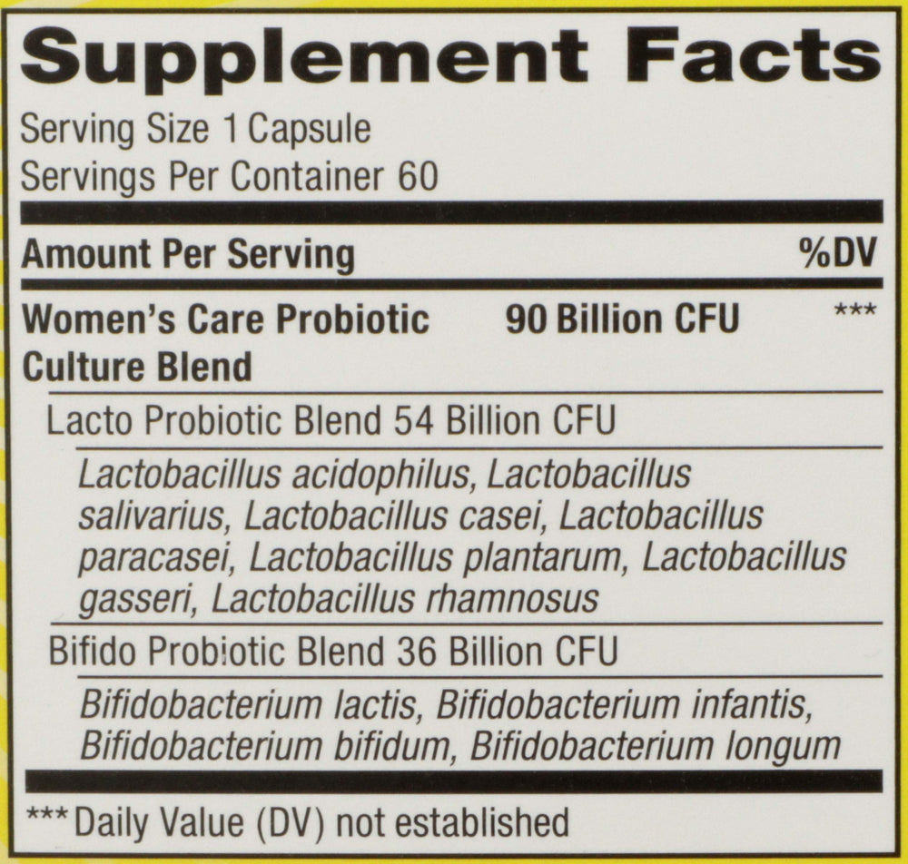 Renew Life Women's Care 90 Billion CFU label highlights potency and variety.