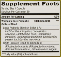 Renew Life Women's Care 90 Billion CFU label highlights potency and variety.