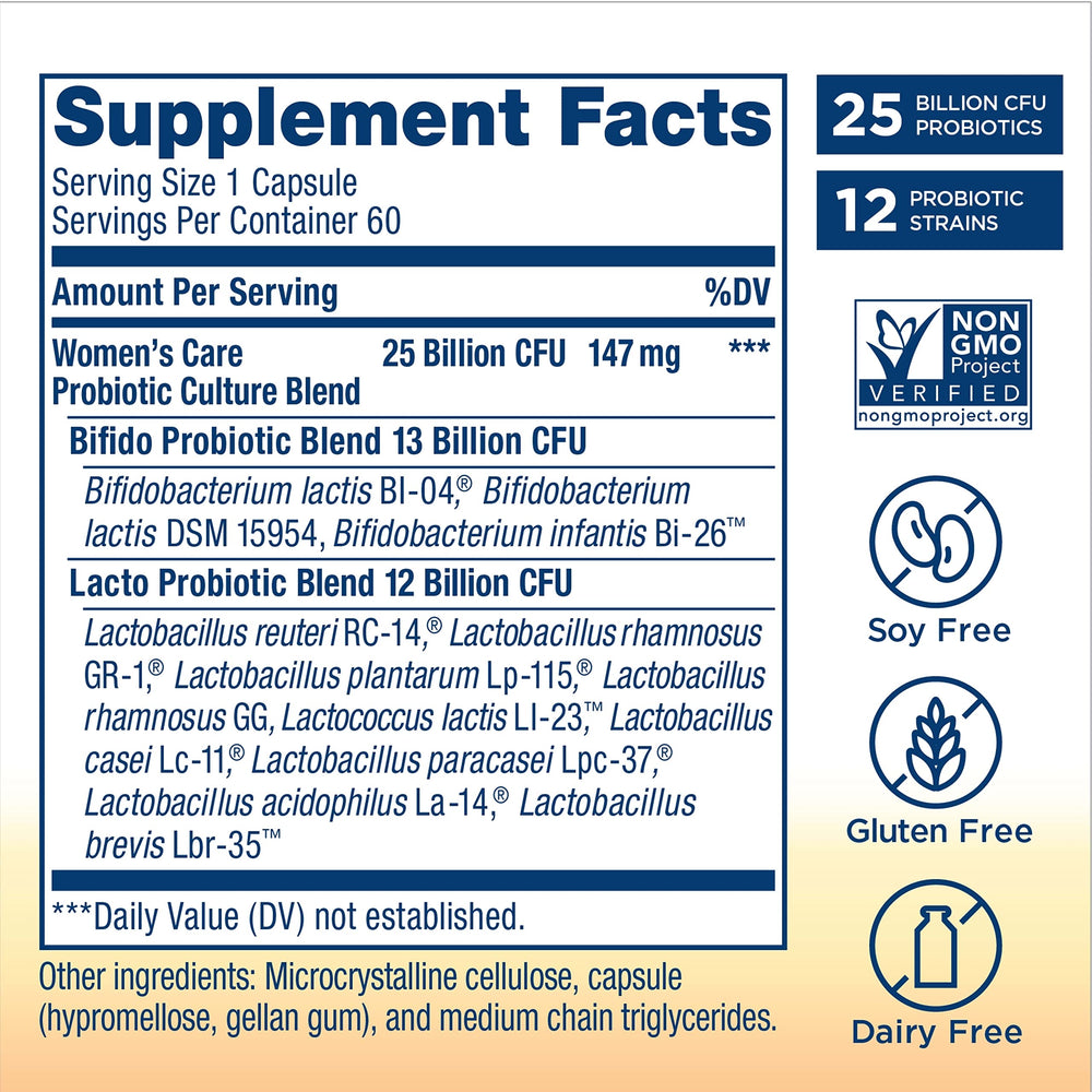 Renew Life Women's Care Probiotic bottle back label detailing ingredients and allergen information.