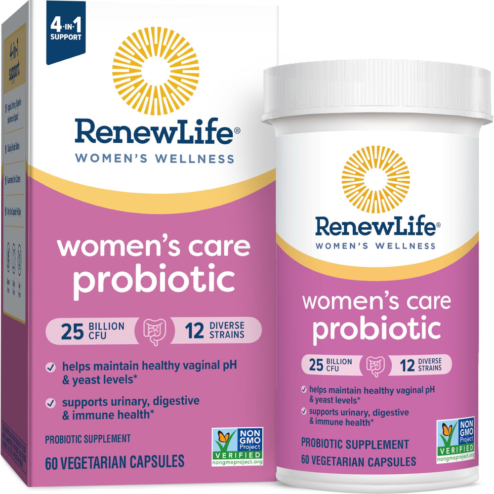 Renew Life Women's Care Probiotic bottle front showing daily capsule dose.