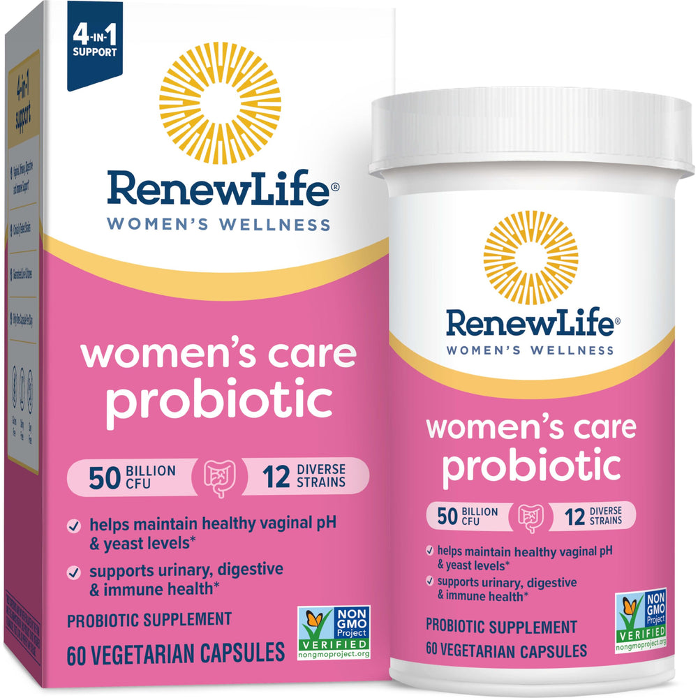 Renew Life daily-use capsules shown with water suggest simple, consistent daily routine.