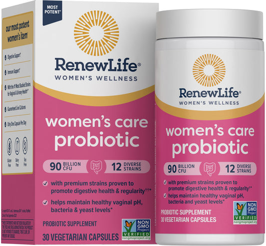 Renew Life Women's Probiotic Capsules bottle front, supporting daily vaginal, urinary, digestive and immune health.