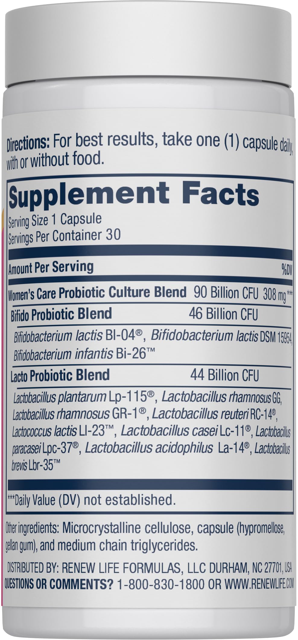 Renew Life Women's Probiotic Capsules label closeup highlighting 90 billion CFU and 12 strains.