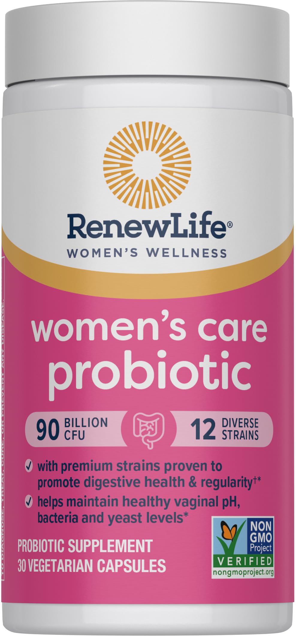 Renew Life Women's Probiotic Capsules non-GMO, gluten-free, dairy-free and soy-free for sensitive diets.