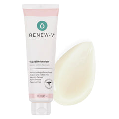 Renew-V label closeup reveals clean, fragrance-free formula for sensitive skin