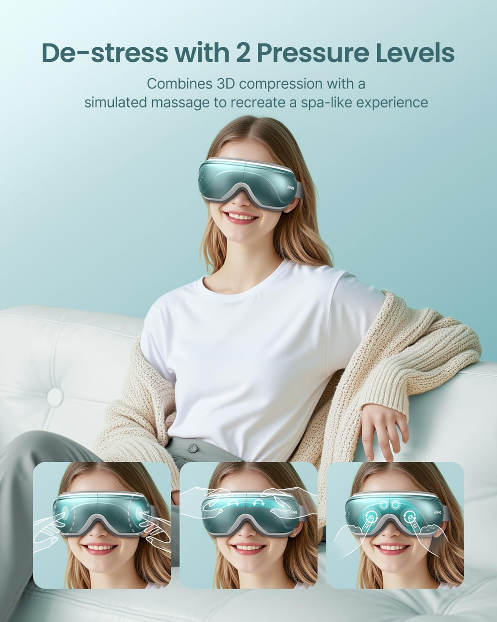 Extended massage pads on RENPHO Eye Massager target eyes and temples for soothing relief.