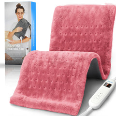 RENPHO pink 12x24 heating pad on back and shoulders for targeted warmth.