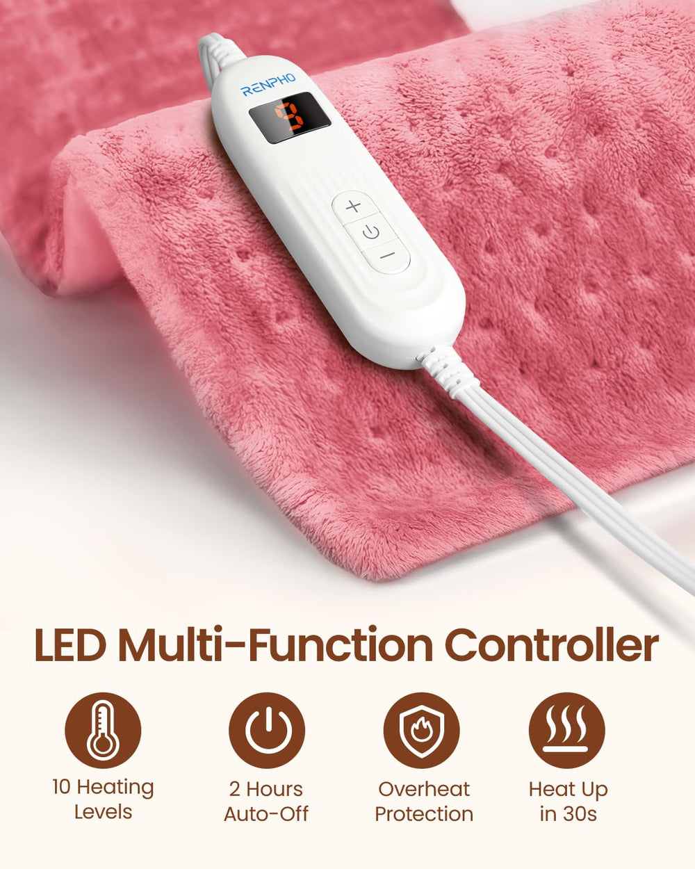 RENPHO pink pad with handheld controller enabling precise temperature control.