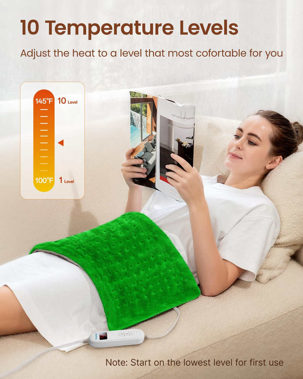 RENPHO heating pad with 10 heat settings lets you customize comfort.
