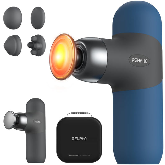 RENPHO mini thermal massage gun with heat on for quick warm relief of tense muscles.
