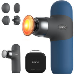 RENPHO mini thermal massage gun with heat on for quick warm relief of tense muscles.