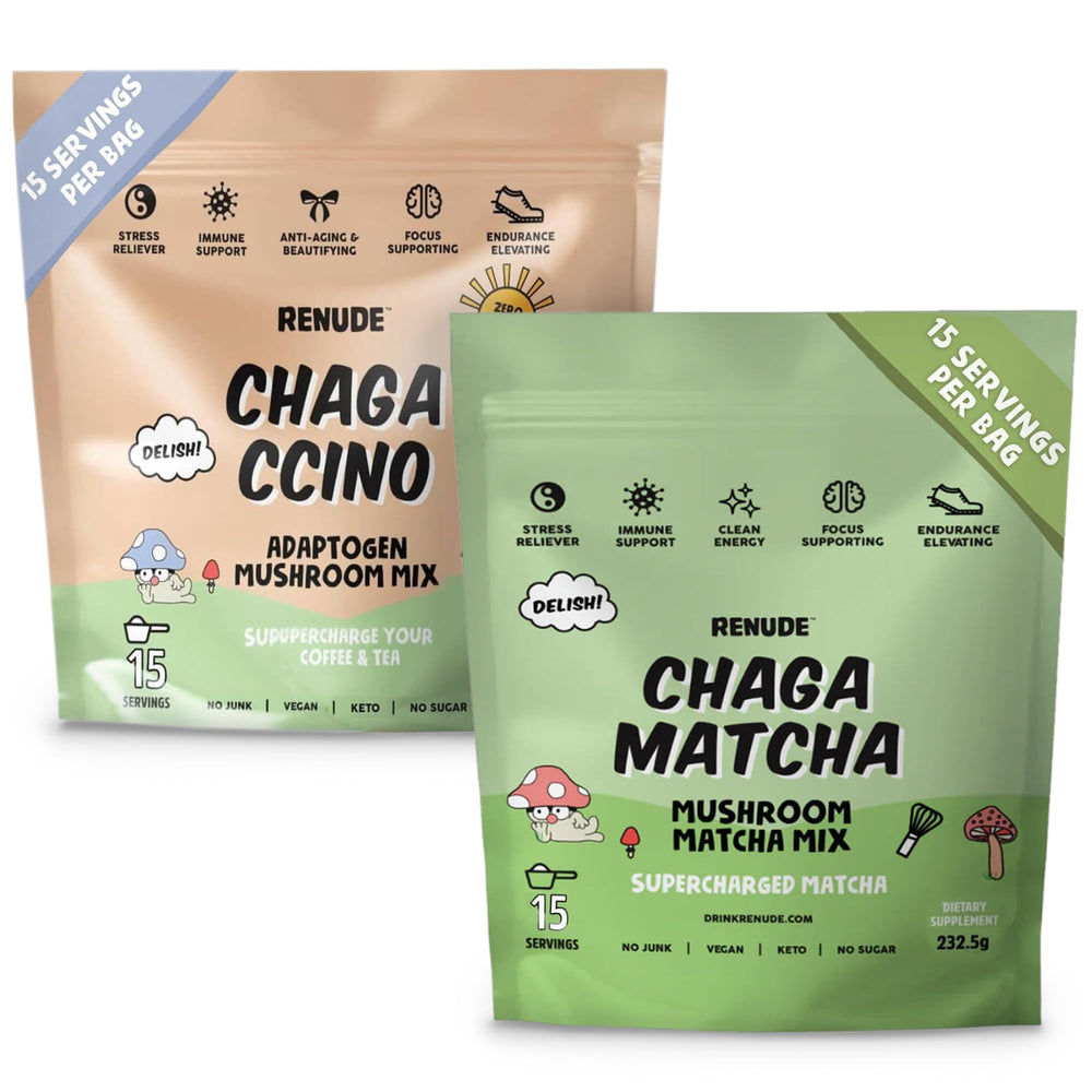 Renude Chaga Matcha powder pouch for ceremonial-style energy boost.