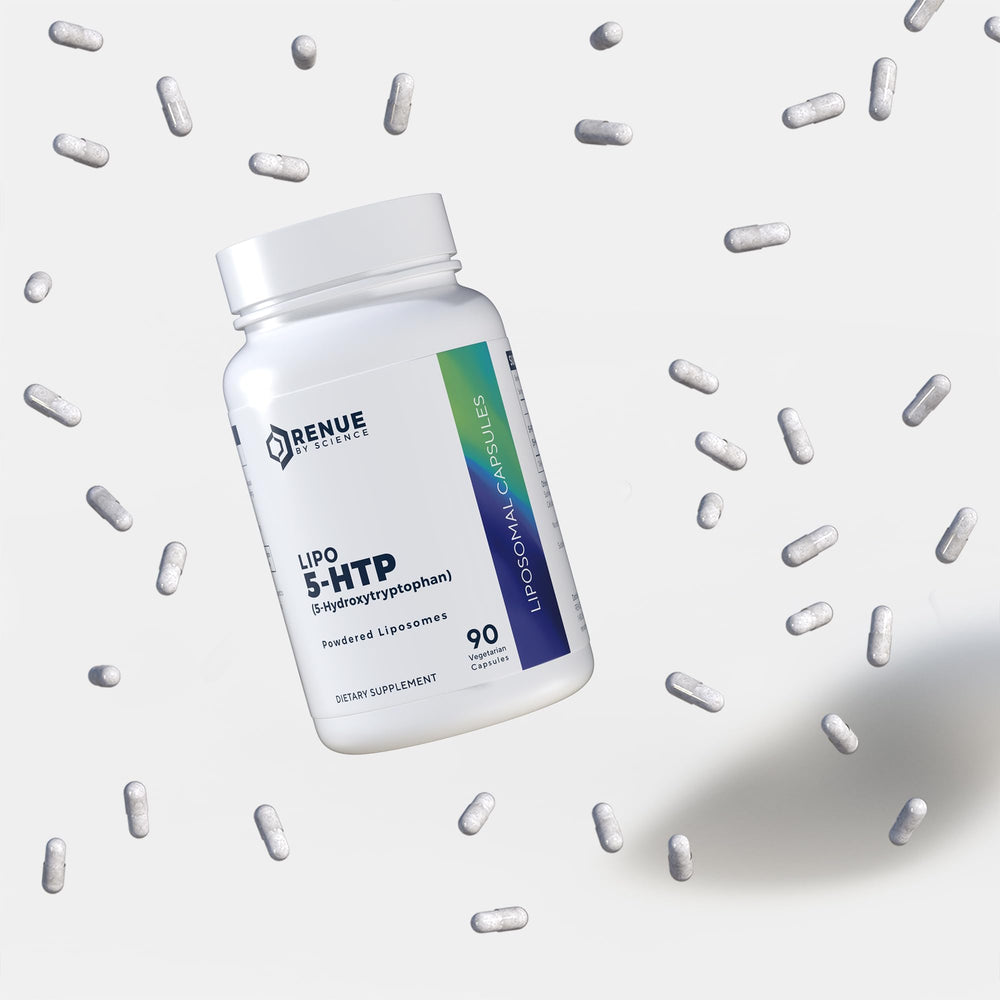 Renue By Science 5HTP bottle in a cozy night setting for sleep-friendly wellness.