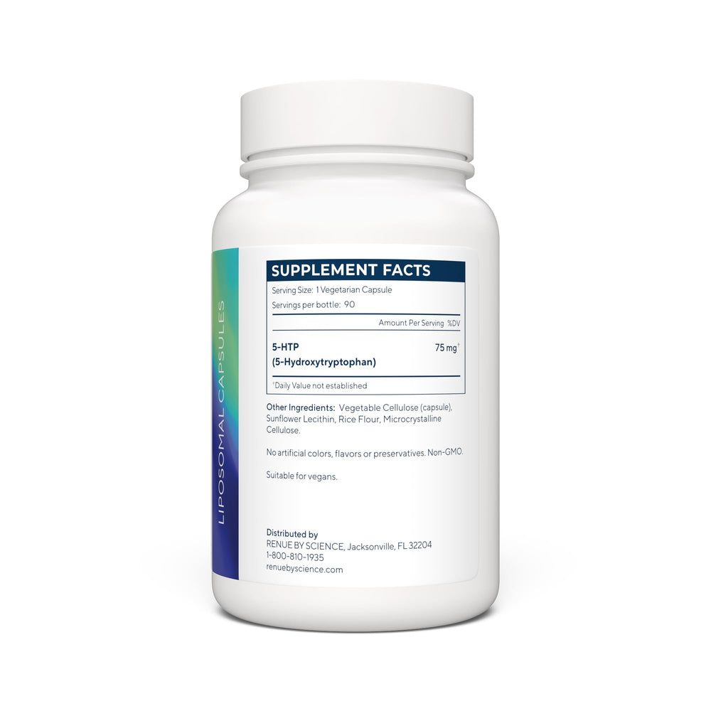 Renue By Science 5HTP capsules close-up, showing 75 mg dosage for mood support.