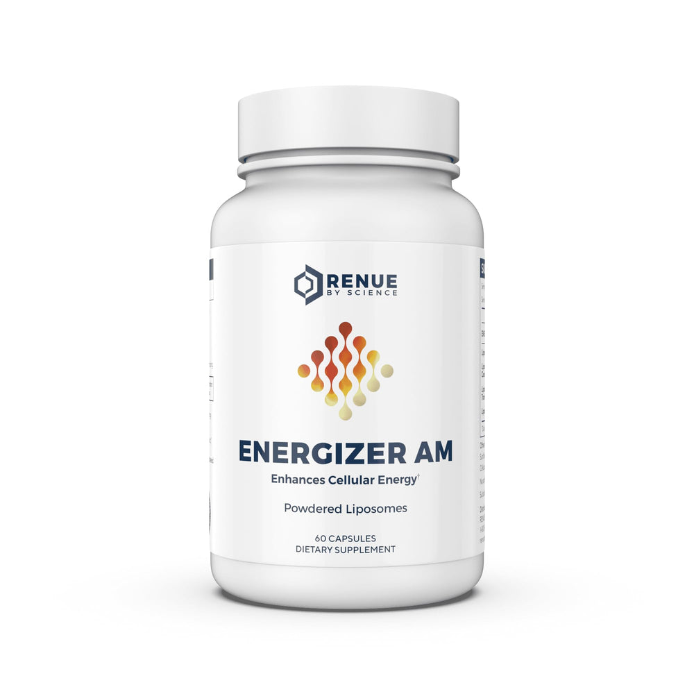 Renue By Science Energizer AM bottle showcases liposomal resveratrol for potential daily vitality.