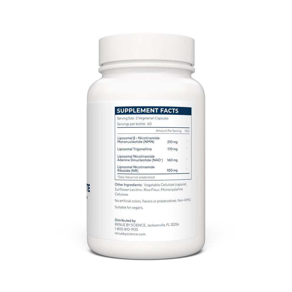 Renue By Science NAD+ Complete label showing NMN, NR and Trigonelline ingredients