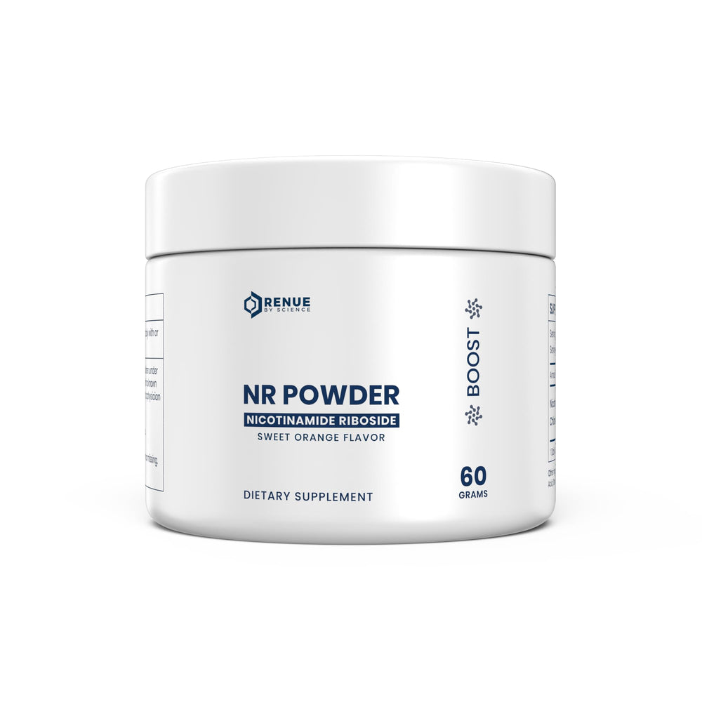 Renue By Science Nicotinamide Riboside powder bottle promotes daily energy and cellular support.
