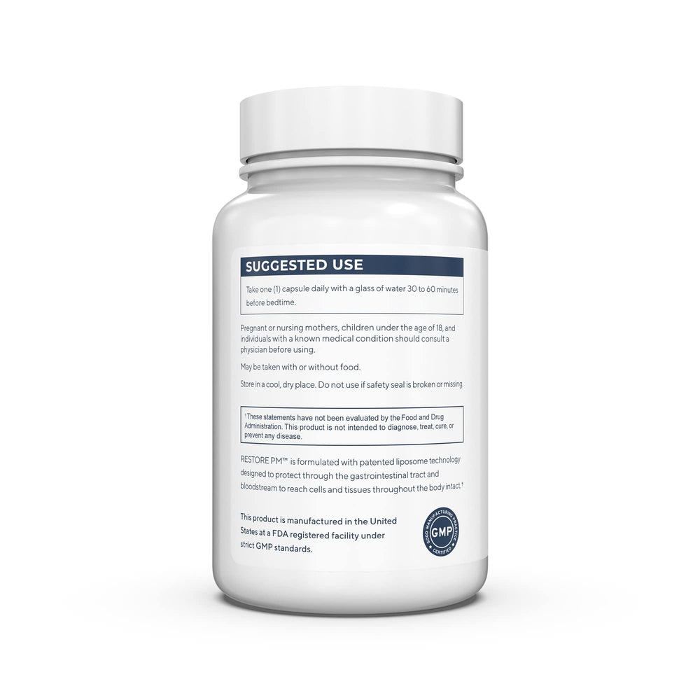 Renue By Science Restore PM ingredient visual emphasizes melatonin and GABA delivery.