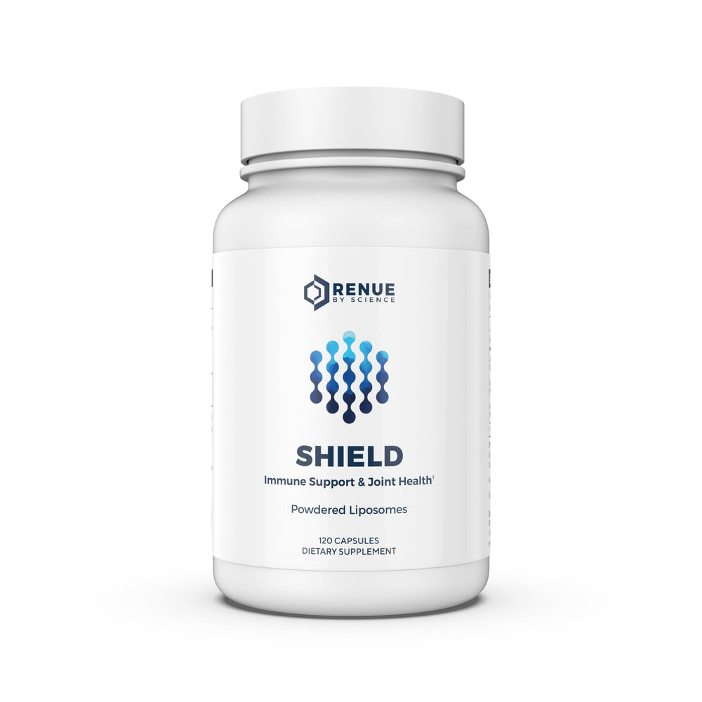 Renue By Science Shield bottle close-up showing liposomal delivery for absorption.