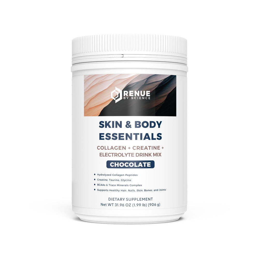 Renue By Science bottle showing the chocolate blend for daily collagen and hydration support.