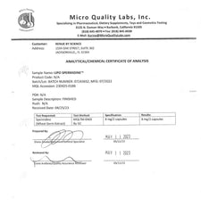 Renue By Science spermidine bottle shows Made in USA and third-party tested seals.