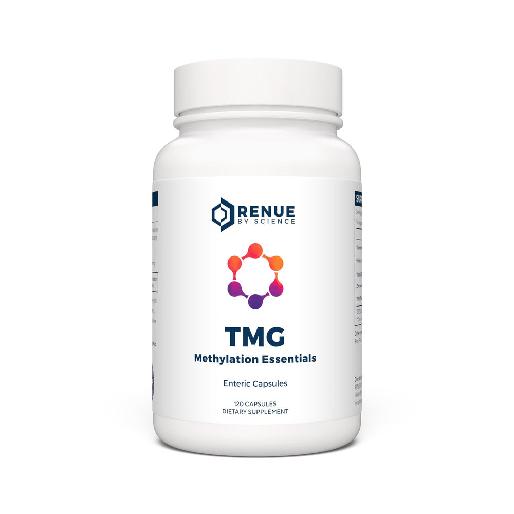 Renue By Science TMG bottle front highlighting 900 mg per serving for methylation support.